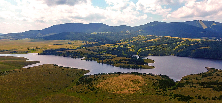 Nekoliko kilometara od zlatiborskog naselja, nalazi se veštačko jezero, po imenu Ribničko jezero. Ono je drugo po veličini na Zlatiboru. 
Dužina ovog jezera iznosi oko 2000 metara. Poznato je po veoma bistroj vodi, a tlo jezera pokriveno je tamnim kamenjem. 
Ribničko jezero se nalazi u blizini ski centra Tornik, pa je zbog toga još atraktivnije. Jezero je nastalo oko 1970. Godine pregrađivanjem reke Crni Rzav. 
Jezero zbog toga ima veliku branu na sredini. Lepo je šetati se kraj jezera i posmatrati prirodne vidike, jer jezero okružuje gusta četinarska šuma. 
Kupanje u jezeru je zabranjeno, ali veliki broj ljudi se u letnjem periodu rashlađuje u svežini vode Ribničkog jezera.